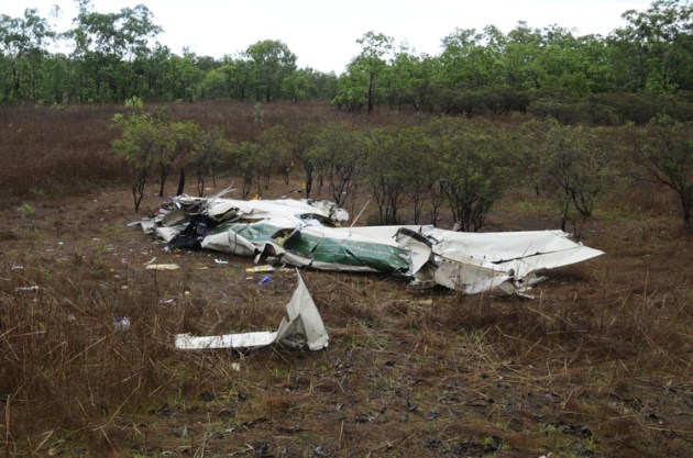 The wreckage of VH-HWY. The Cessna 210 was brought down by thunderstorms during the NT's "build-up" season. (ATSB)