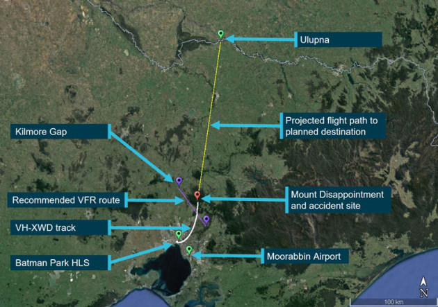 The track of the two helicopters as they tried to transit over Mount Disappointment. (Google Earth annotated by the ATSB)