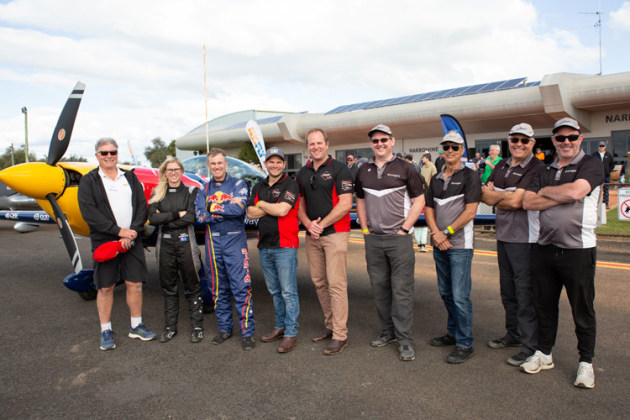 Display pilots at AusFly. From left: Gary Weeks, Emma McDonald, Matt Hall, the Screaming Diamonds Michael Jones and Adrian Van der Sluys, the Stooges RV Formation team. (Kathy Mexted)