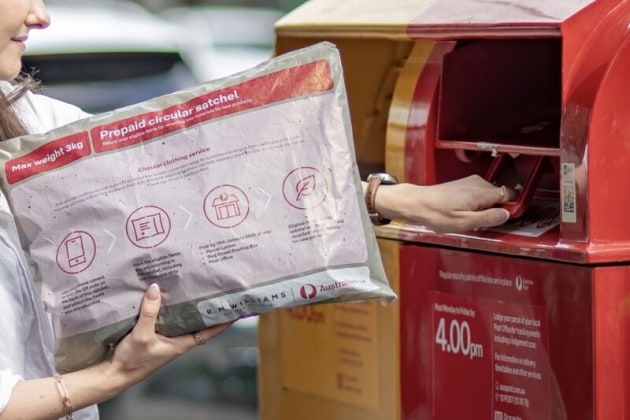 Australia Post&rsquo;s circular satchel enables customers to return end-of-life clothing for local sorting and recycling. It is made from 100% recycled Australian household soft plastics, mechanically recycled by iQRenew, and converted and printed by RollsPack.