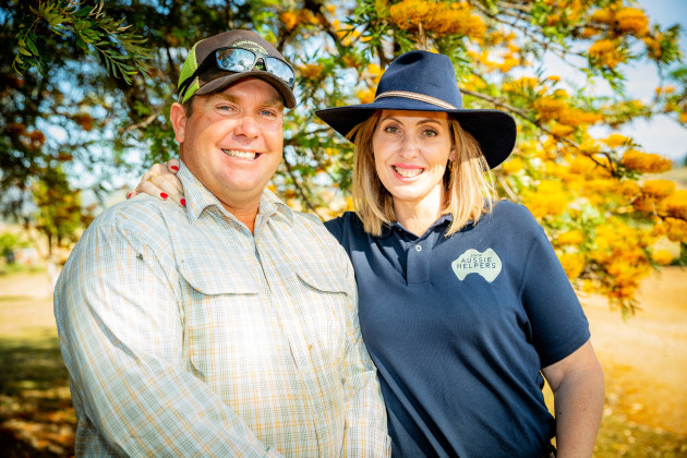NSW farmer Nigel Wieck and CEO of Aussie Helpers Tash Kocks.