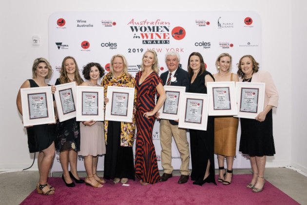 The winners of the 2019 Australian Women in Wine Awards (Left to Right): Sarah McDougall, Ulrika Larsson, Christina Pickard, Vanya Cullen, Jane Thomson, John Davis, Angie Bradbury, Imogen Hayes, and Sheridan Alm
