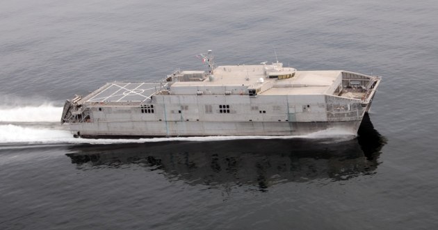 The ships can operate in shallow-draft ports and waterways, interface with roll-on/roll-off discharge facilities, and on/off-load a combat-loaded Abrams Main Battle Tank (M1A2). Credit: Austal