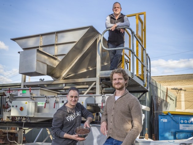 (Left to right) Russell Brown (Austeng), Enzo Palombo (Swinburne University) and David Filipenko standing next to Viridi&rsquo;s processing equipment. Image: Austeng, Viridi