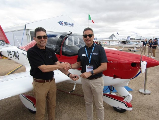 Charles Gunter of Avia Aviation and Tecnam Chief Sales Officer Walter Da Costa at the hand over ceremony of Australia's first P-Mentor. (Paul Southwick)