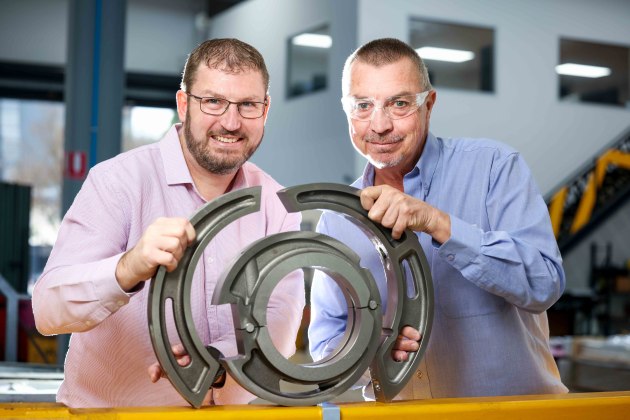Axiom Precision Manufacturing Managing Direct, Craig Maynard with ASC&rsquo;s Tim Bowes, Subcontracts Administrator. (Supplied)
