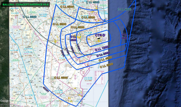 CASA OAR and Airservices have opened consultation on the Ballina Byron controlled airspace design. (CASA/Airservices/Google Earth)