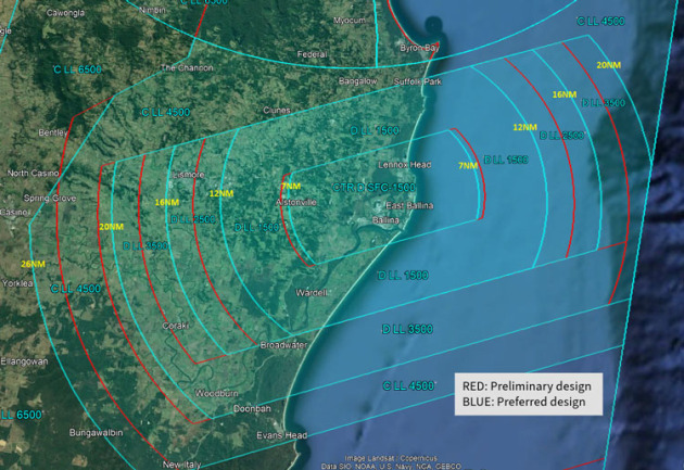 The preferred design of controlled airspace around Ballina is defined by the blue lines, with the preliminary design marked in red. (CASA)