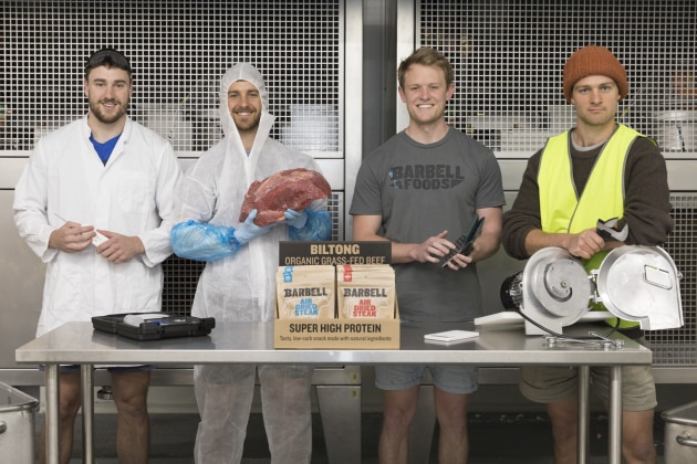 The four friends behind Barbell Foods. Left to right: Matt Laing, Luke Rathbone, Tom Hutchison and Rory Rathbone.