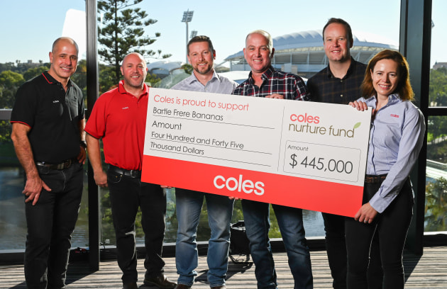 Bartle Frere Bananas was awarded with a grant of $445,000. (Left to right) Coles senior category manager Mark Watson, Coles senior product technologist Brendan Hayes, Coles business cetegory manager Danny Corrigan, Bartle Frere Bananas owner Gavin Devaney, Coles executive GM fresh Andy Mossop, and Coles Gm produce Charlotte Gilbert.