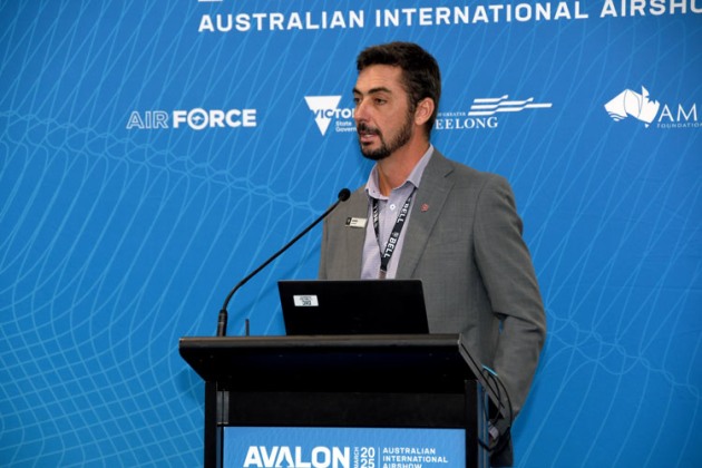 Bell Textron Business Development Director Australasia Daniel McQuestin briefs an Avalon gathering on the 525 Relentless. (Steve Hitchen)
