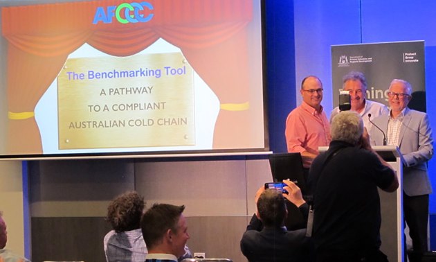 Being photographed for posterity &ndash; Brett Henderson, Terry Burnage and Mark Mitchell jointly pressed the button to part the curtains and unveil the Benchmarking Tool &ndash; A pathway to a compliant Australian Cold Chain.
