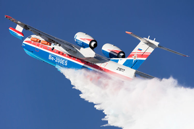 Fresh from the Black Sea, the Beriev 200 jet water bomber dumps at MAKS 2019. (Phil Hosking)