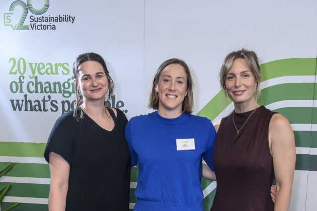Sustainability Victoria celebrates 20 years: Sam Stone (left) and Christie Kamphuis (right) with Rebecca Bliss, Sustainability Victoria&rsquo;s Acting Director &ndash; Research, Education & Behaviour Change.