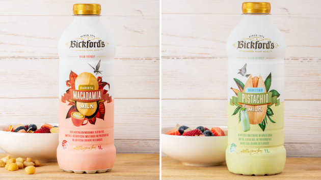 Bickford&rsquo;s Premium Plant Milk range is expanding its retail footprint, with its Macadamia Milk and Pistachio Milk now stocked in Woolworths in Victoria and New South Wales. (Image source: Bickford's)