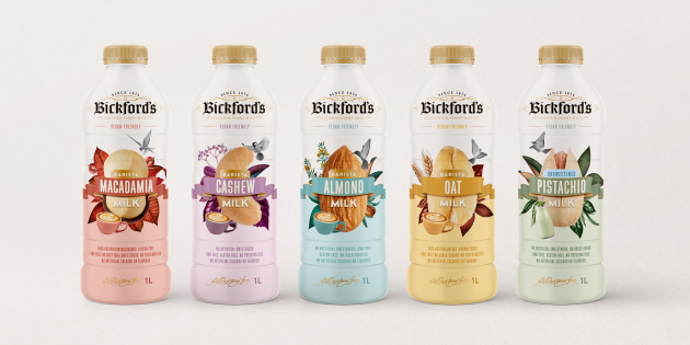 The new Bickford&rsquo;s plant-based milk packaging was designed by Boxer & Co. The PET shrink sleeve was supplied by DFC, with printing by New Solid.