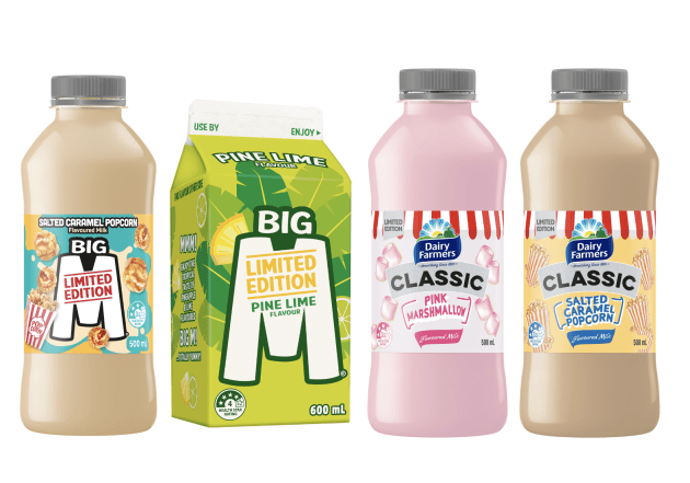 Bega Group has launched three new additions to its Dairy Farmers Classic and Big M flavoured milk line-ups: Pine-Lime, Salted Caramel Popcorn and Pink Marshmallow.
