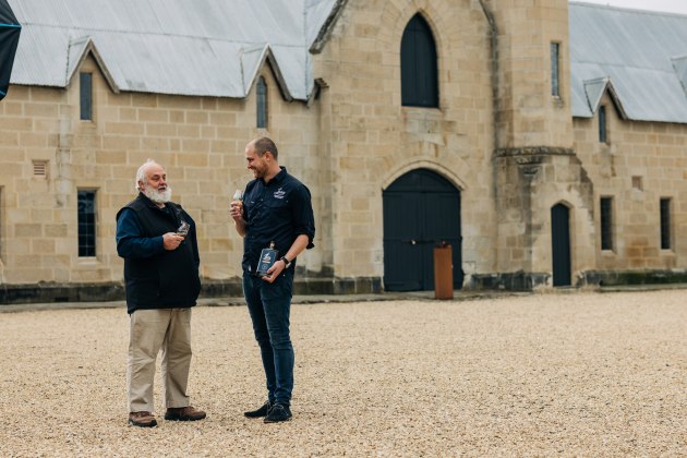 Lark Distillery founder and ambassador Bill Lark & Pontville Distillery master distiller Chris Thomson. 
Australia&rsquo;s leading single malt whisky distillery Lark Distilling Co (ASX: LRK) has entered a binding agreement to acquire Kernke Family Shene Estate, the owner of Pontville Distillery and Estate. (Source: Lark Distillery)