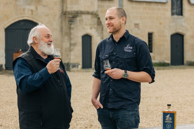 Lark Distillery founder and ambassador Bill Lark & Pontville Distillery master distiller Chris Thomson. 
Australia&rsquo;s leading single malt whisky distillery Lark Distilling Co (ASX: LRK) has entered a binding agreement to acquire Kernke Family Shene Estate, the owner of Pontville Distillery and Estate. (Source: Lark Distillery)