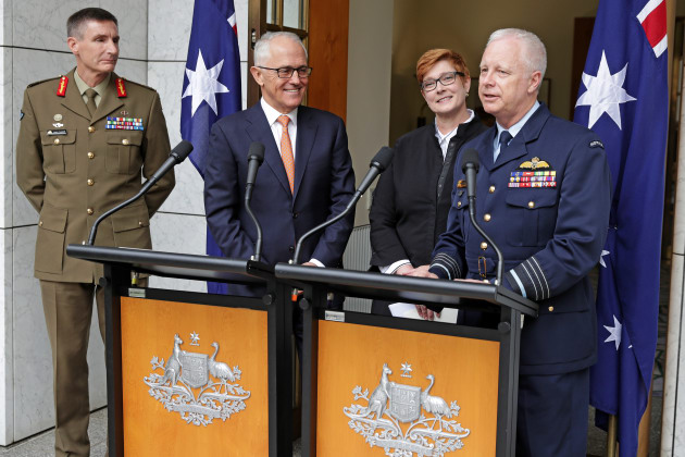 CDF Air Chief Marshal Mark Binskin, Defence Minister Marise Payne, Prime Minister Malcolm Turnbull, and Chief of Army Lieutenant General Angus Campbell at the announcement naming him as incoming CDF. Defence