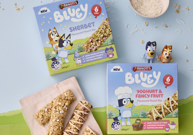 Arnott&rsquo;s Bluey Muesli Bars are available in Yoghurt & Fancy Fruit and Sherbet flavours. Image: Arnott's