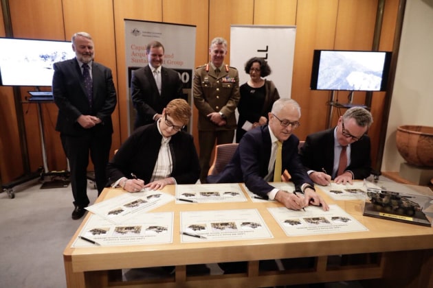 The formal contract signing with Rheinmetall, CASG's Kim Gillis, PM Malcolm Turnbull, Minister for Defence Marise Payne and Minister for Defence Industry Christopher Pyne.

Chris Pyne via Twitter.