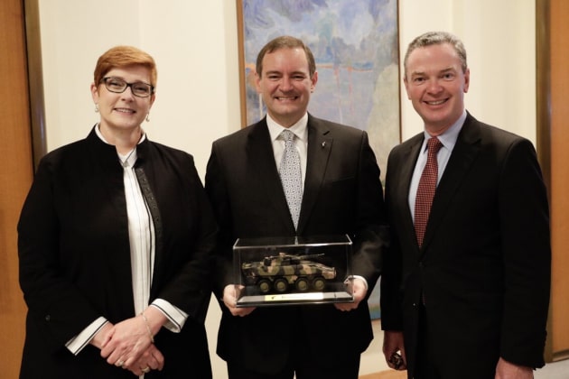 The formal contract signing with Rheinmetall, Minister for Defence Marise Payne and Minister for Defence Industry Christopher Pyne.

Chris Pyne via Twitter.