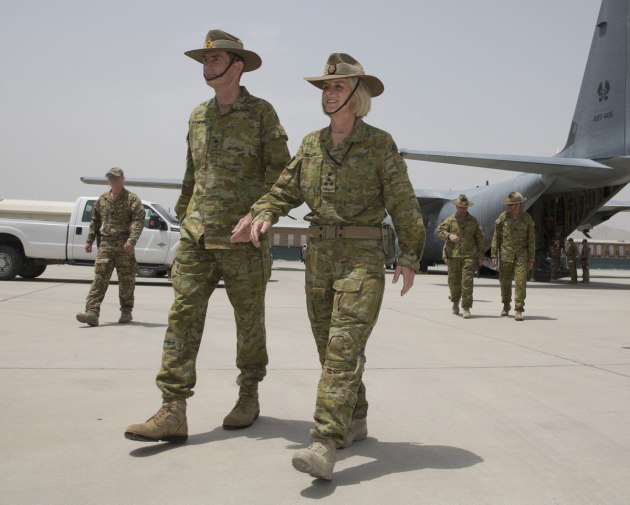 CDF General Angus Campbell walks with Brigadier Cheryl Pearce in Kabul during her time as Commander Task Group Afghanistan.
Defence