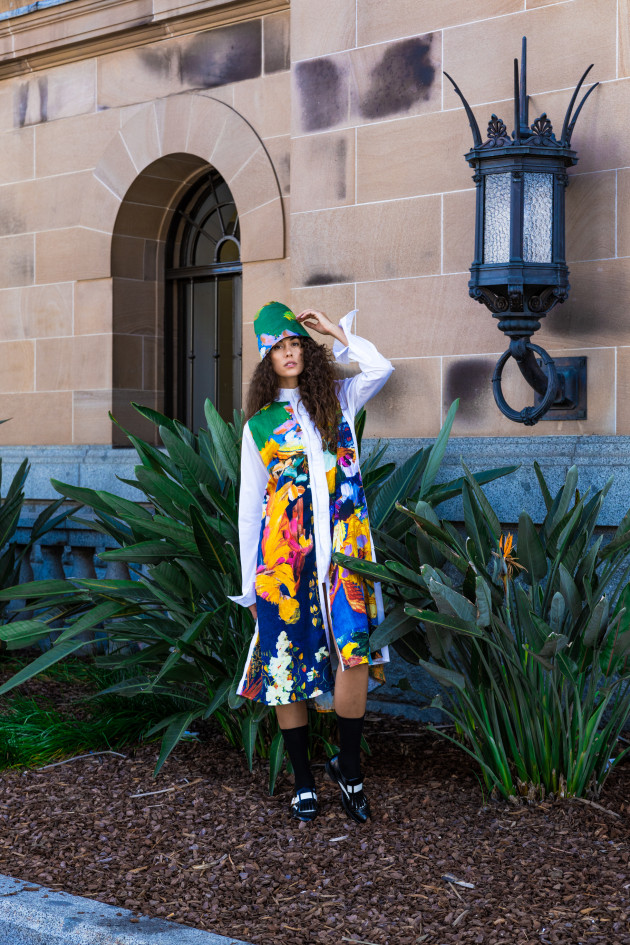 First Nations model Ruby Hunter wearing Shilo Lydia repurposed men&rsquo;s shirt and hat in unique Shilo print. Photographer: Macami