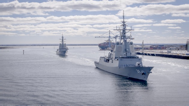 HMAS Brisbane and Hobart during CEC testing. Credit: AUSAWD