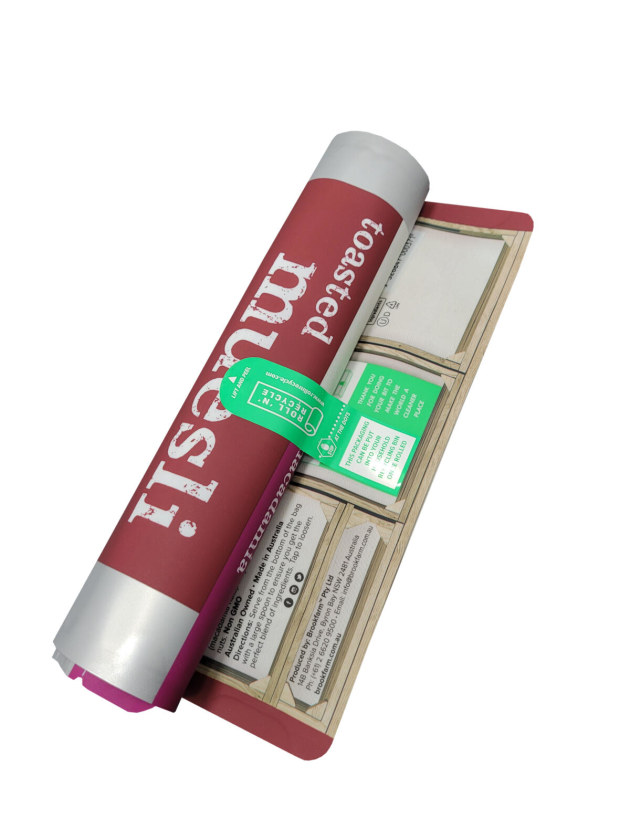 Rolling with the pouches: Brookfarm and O F Packaging's PIDA Gold award winning recycle-ready high-barrier mono-polymer pouch.