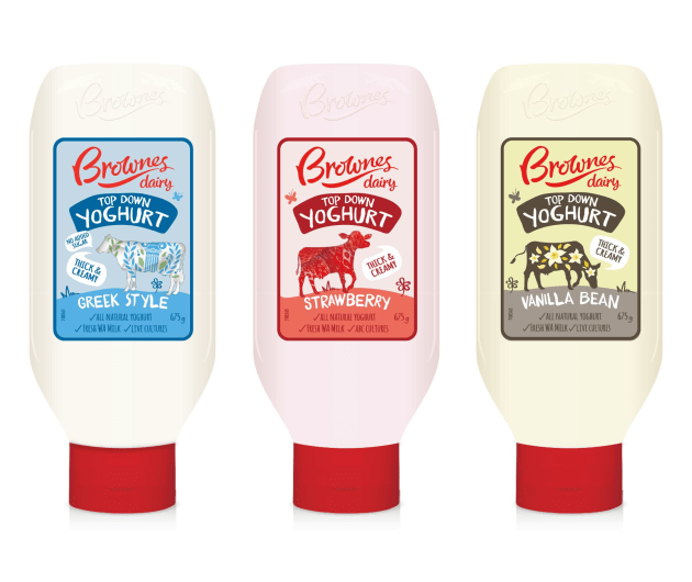 Brownes Top Down Yoghurt launches in WA in September. Packaging design and manufacture by Pact Group; graphic design by Boxer & Co.; creative campaign by Meerkats
