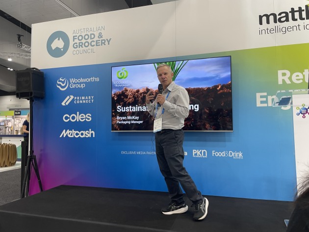 Bryan McKay, head of packaging at Woolworths, presents at the Matthews Retailer Engagement Hub.