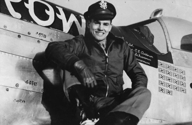 Clarence E "Bud" Anderson on the wing of his P-51 Mustang during his service with the 357 Fighter Group in WWII. (IWM Collection)