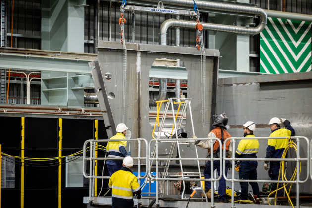 Construction of transverse bulkheads underway in the steel and unit fabrication hall at the Osborne naval shipyard. The bulkheads will form part of the habitability spaces in the first prototyping block. (BAE Systems)