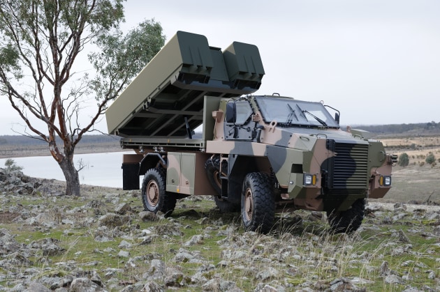 The StrikeMaster concept combines Kongsberg&rsquo;s Naval Strike Missile
with the Bushmaster utility PMV developed by Thales. (Kongsberg)