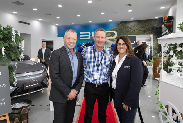 The milestone event was attended by special guests from the greater Warrnambool district, including the Honourable Ms Roma Britnell (right), State Member for South-West Coast. Pictured here with Paul Ellis from BYD and Steve Callagahn co-Dealer Principal at BYD Warrnambool.