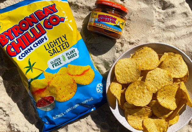 The new range of corn chips from Byron Bay Chilli Co. is available in Natural, Lightly Salted, and Cheese flavour. Image: Byron Bay Chilli Co.
