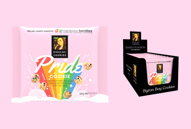 Baked in Byron Bay, the Pride Cookie is a colourful heart-shaped blend of milk choc chunks topped with rainbow choc drops. 10c per Pride Cookie sold will be donated to Rainbow Families to support LGBTQ+ parents and their children.Image: Byron Bay Cookie Company