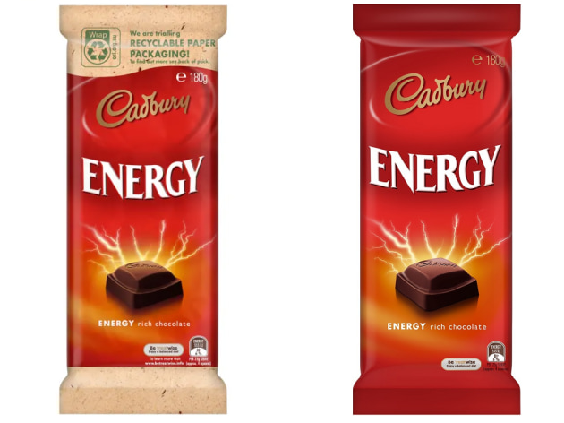 Cadbury has trialled sustainable paper wrapping for its Energy bars (left, compared with standard packaging) in New Zealand.
