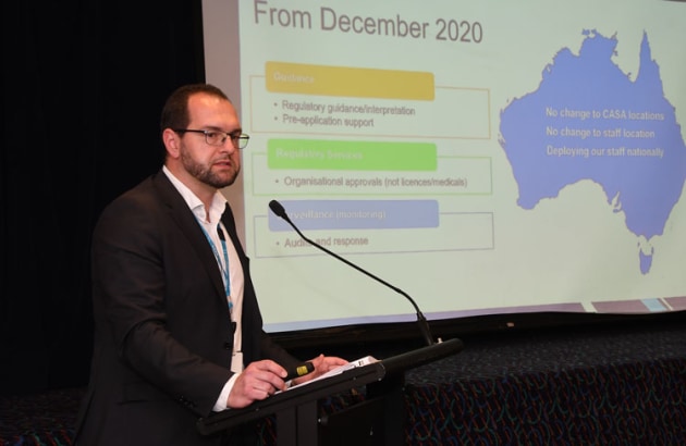 CASA Branch Manager Regulatory Service and Surveillance Transformation Chris De Luis briefs FlySafe Adelaide on the new structure. (Steve Hitchen)