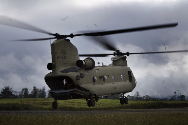 An Australian Army CH-47F Chinook helicopter lifts from Mount Hagen Airport during Operation PNG Assist 2018.
Defence