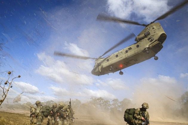 Paratroopers from US Army&rsquo;s 3rd Battalion, 509th Infantry Regiment are dropped at the Townsville Field Training Area, by an Australian Army CH-47F Chinook, during Exercise Talisman Sabre 2021. (Defence)
