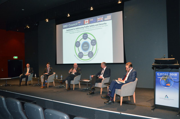 Jay Martin, Simon Staffell, Mark Williamson, Richard Davis and the forum moderator Professor Rory Medcalf, head of the National Security College at ANU. Credit: ADM David Jones