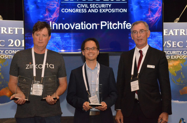 John O'Callaghan, Dylan Kendall,  and Linus Chang, CIVSEC 2018's Pitchfest winners. Credit: ADM/David Jones