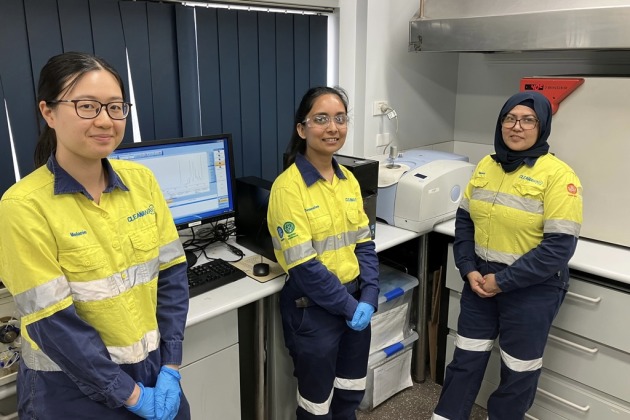 Laboratory Assistant Melanie Wong, Laboratory Technician Devanshee Nakrani and Laboratory Manager Naureen Akhter at our Kemps Creek facility.