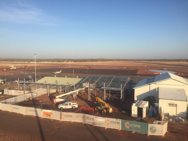Cloncurry Airport during its 2016 terminal build, with the heritage-listed Qantas hangar at right. (Image: Core Developments)