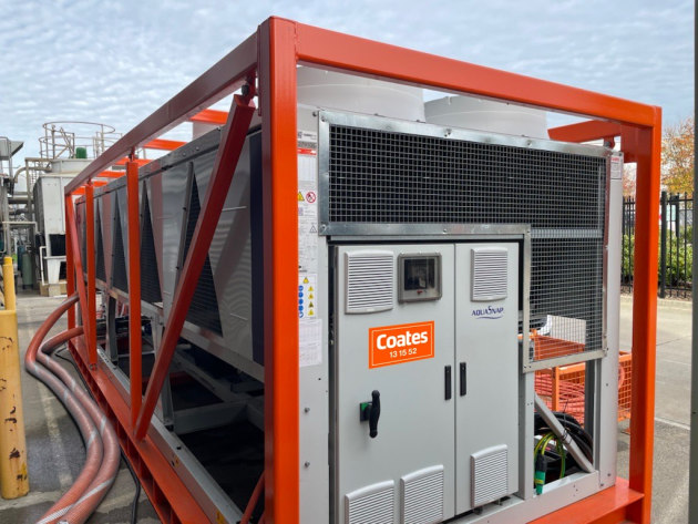 Coates Power & HVAC mobilised an 800 kW industrial chiller to help Visy maintain one of its vital production line, completing the delivery and installation from interstate in 36 hours. Image: Coates Power & HVAC