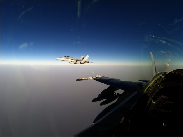 The view from the cockpit of an Australian F/A-18A Hornet on operations in the Middle East.
Defence