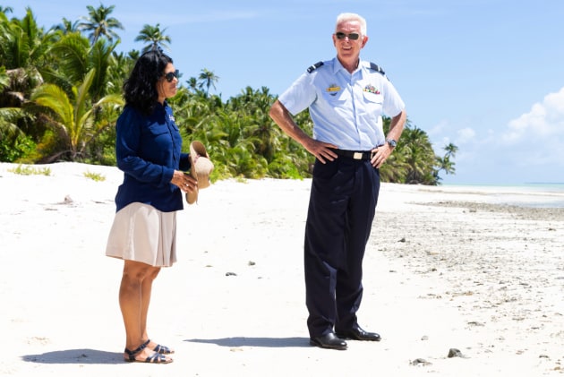 CEO of the Cocos-Keeling Islands Shire Andrea Selvery gives Commander Joint Task Force 661 Air Commodore Richard Owen a tour of the islands.
Defence